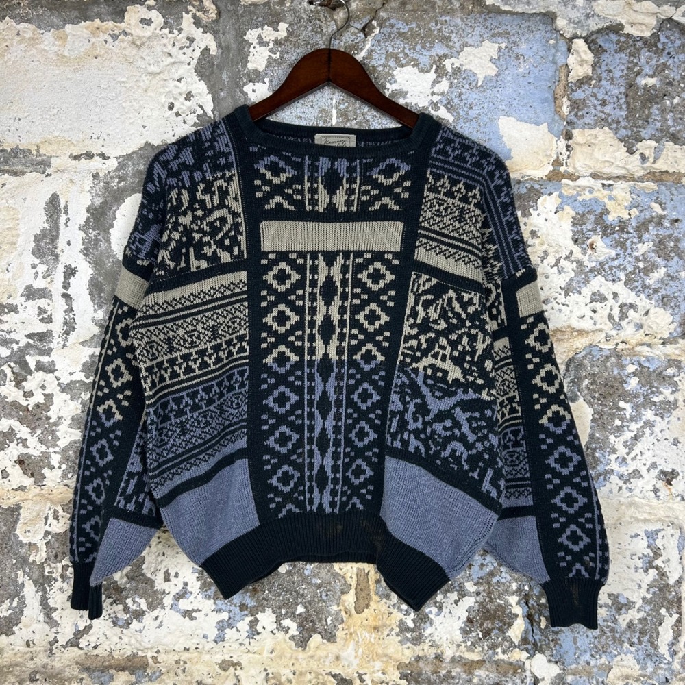 Kearney Club Knit Sweater Mens L Black Blue Vintage Geometric Knit Patchwork